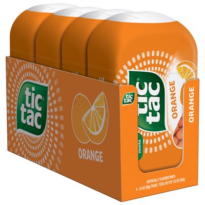 Tic Tac Orange Flavored Mints, 4 Bottle Packs, On-the-Go Refreshment, Stocking Stuffers, 3.4 oz Each