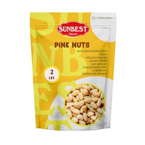 Sunbest Natural Pine Nuts Pignolia 32 Oz (2 lbs) 1 Pack - Unsalted, Raw, Crunchy, Fresh &amp; Delicious, Kosher Certified - Ideal for Snacking, Topping &amp; Baking - Non-GMO, Gluten Free
