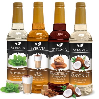 Syruvia Coffee Syrup Variety Pack, Irish Cream, Brown Sugar Cinnamon, Coconut, and Peppermint - Gluten-Free, Kosher, 25.4 fl oz bottles - Elevate Your Coffee Experience!