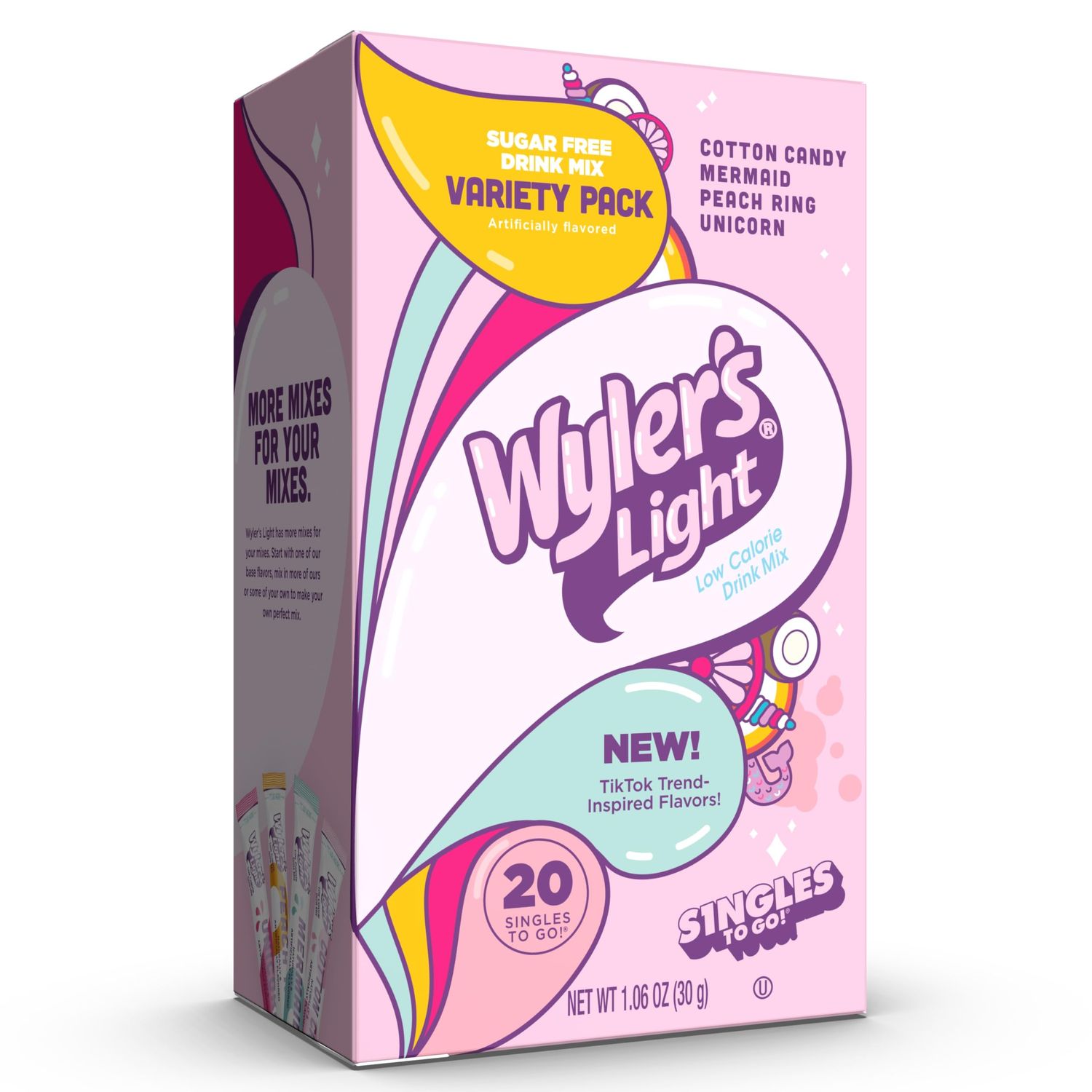 Wyler&#39;s Light Singles to Go Powder Packets, Water Drink Mix, Variety Pack, Watertok Fun Flavors, Cotton Candy, Mermaid, Peach Ring, Unicorn, Sugar &amp; Caffeine Free, On-The-Go, 20 Count (Pack - 1)
