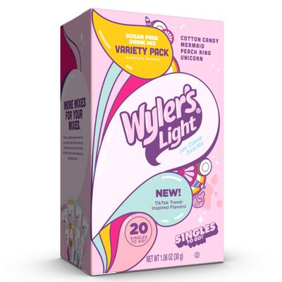 Wyler&#39;s Light Singles to Go Powder Packets, Water Drink Mix, Variety Pack, Watertok Fun Flavors, Cotton Candy, Mermaid, Peach Ring, Unicorn, Sugar &amp; Caffeine Free, On-The-Go, 20 Count (Pack - 1)