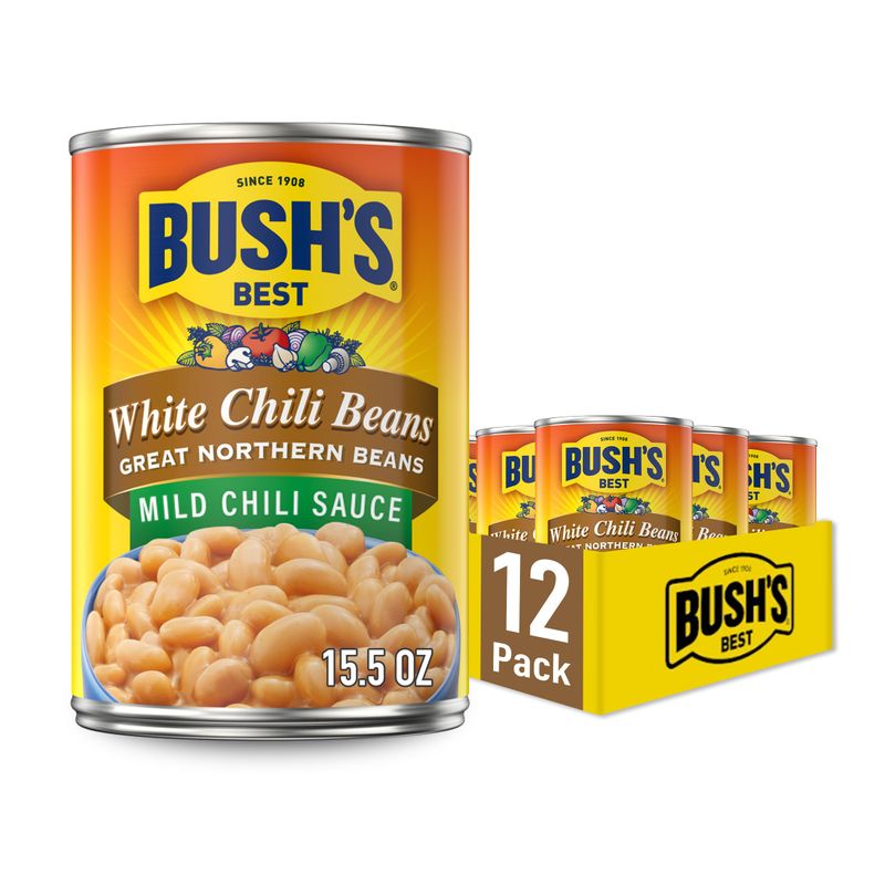 BUSH&#39;S BEST 15.5 oz Canned White Chili Bean/Northern/Mild, Source of Plant Based Protein and Fiber, Low Fat, Gluten Free, (Pack of 12)