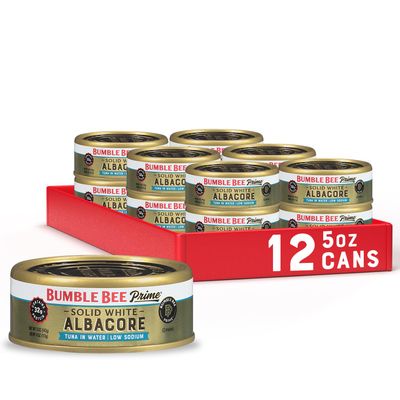 Bumble Bee Prime Low Sodium Solid White Albacore Tuna in Water, 5 oz Cans (Pack of 12) - Premium Wild Caught Tuna - 32g Protein per Serving - Non-GMO Project Verified, Gluten Free, Kosher