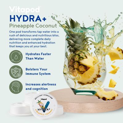 Vitapod Hydra+ Pineapple Coconut Healthy Hydration Mix - 30 Pods - Electrolytes, Antioxidants, Vitamin C, A, D, E - Water Enhancer and Beverage Mix Packet