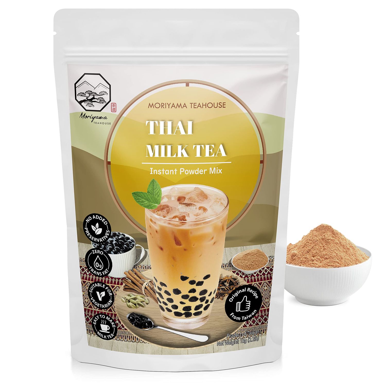 Thai Bubble Milk Tea Instant 3in1 Powder Mix - 1kg (33 Drinks) | For Boba Tea, Milkshake, Blended Frappe and Bakery | Authentic Taiwan Recipe | Zero Trans Fat, No Preservatives | By Moriyama Teahouse
