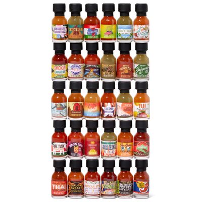 Thoughtfully Gifts, Hot Sauce Flavors of the World Variety Pack, Inspired from Journeys Across the Globe, Flavors Include Thai Pepper Sauce, Baja Heat Mango, Costa Rica Lava Heat, and More, Pack of 30