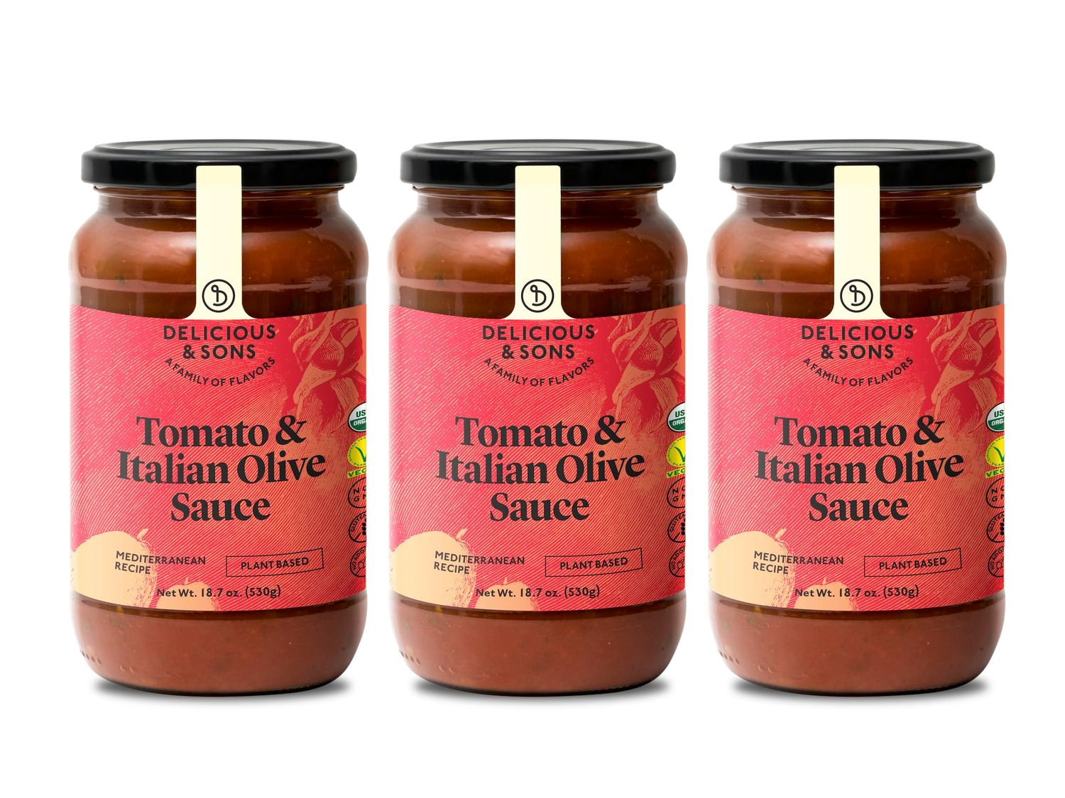 Delicious &amp; Sons - Organic Tomato &amp; Italian Olives Mediterranean Sauce 18.70 oz (Pack of 3) - Non-GMO - Gluten-free - Paleo and Keto - Vegetarian and Vegan - No Added Sugars