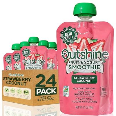 Outshine Strawberry Coconut Yogurt Smoothie Pouches - Fruit Pouches, Ready-to-Drink Smoothies, Kids &amp; Adults Pureed Foods - Fruit Pouches for Kids &amp; Adults, Smoothie Drink - (24 Count)