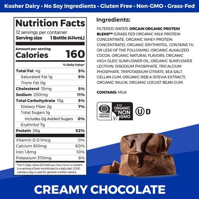 Orgain Organic Protein Shake, Grass Fed Dairy, Creamy Chocolate - 26g High Protein Whey Shake, Ready to Drink, Gluten Free, No Soy Ingredients, No Sugar Added, 14 Fl Oz (Pack of 12)