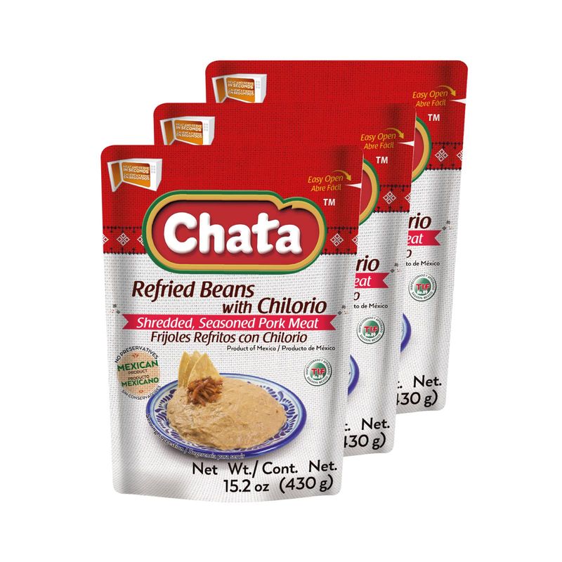 Chata Refried Beans with Chilorio | Practical + Delicious | Ready-to-Eat | Authentic Mexican Flavor | 15.2 Ounce (Pack of 3)