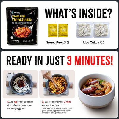 C O'Food Sweet Chili Tteokbokki, Gluten-Free Korean Rice Cakes, Authentic Spicy Korean Street Food Snack, Perfect with Cheese and Ramen Noodles, Ready to Eat, No MSG, No Corn Syrup, Pack of 1