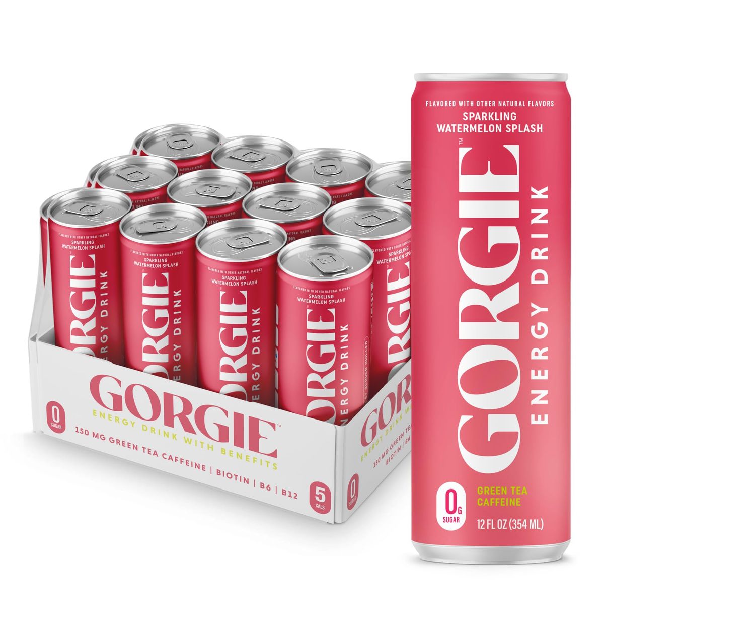 GORGIE Sugar Free Natural Energy Drinks, Sparkling Watermelon Crush (12 Pack) - Healthy Energy Drink - Natural Coffee Replacement with Green Tea Caffeine and Biotin, 150mg Caffeine, Vegan, Low Calorie