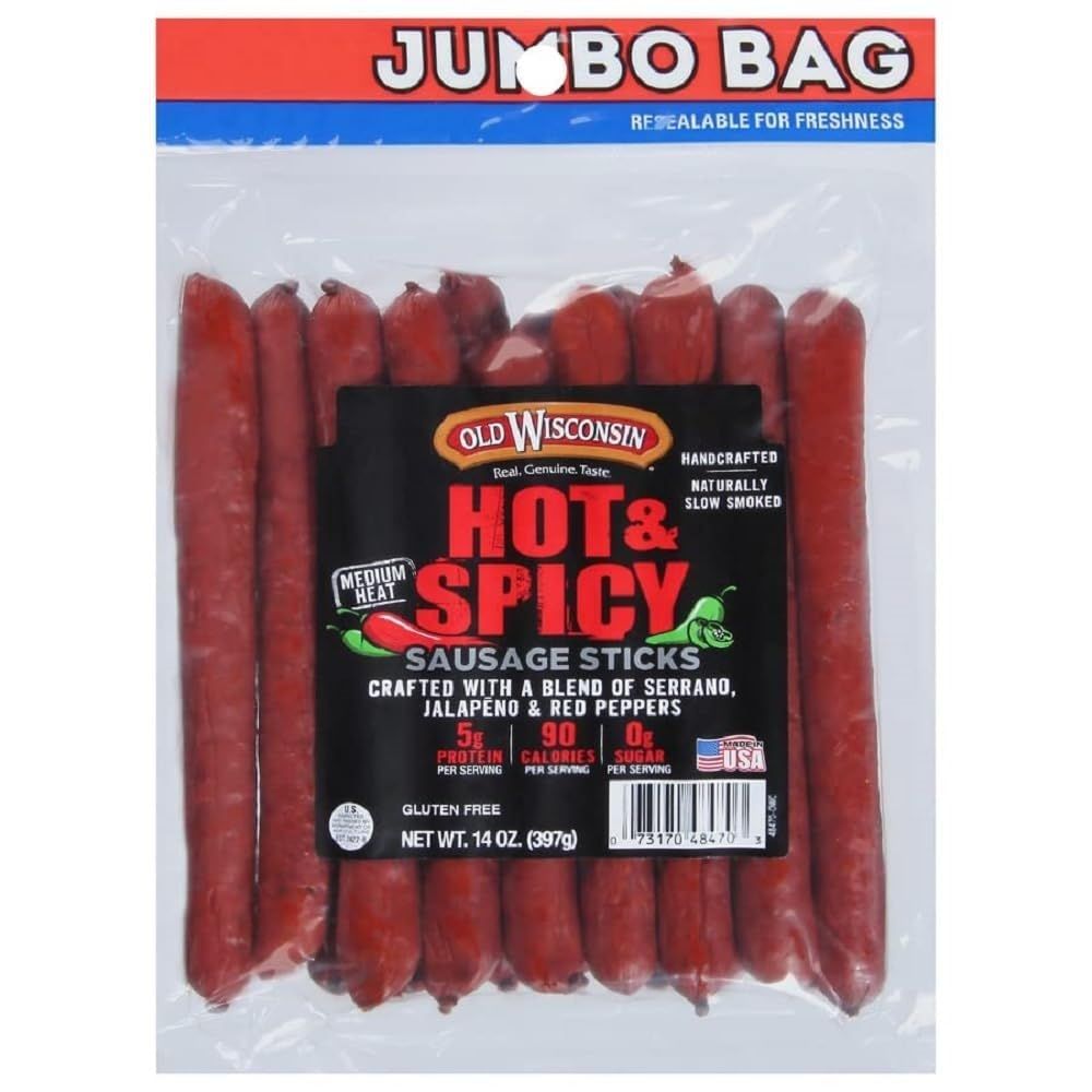 Old Wisconsin Hot &amp; Spicy Twisted Link Sausage Snack Sticks, 14oz Resealable Package, Naturally Smoked, Ready to Eat, High Protein, Low Carb, Keto, Gluten Free