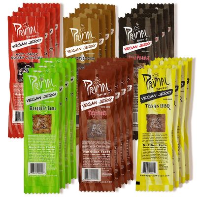 Primal Spirit Vegan Jerky - Sampler Pack, 10g. Plant Based Protein, Certified Non-GMO (Classics Thai Peanut, Mesquite Lime, Teriyaki, Hot &amp; Spicy, Hickory Smoked, &amp; Texas BBQ, 24-Pack, 1 oz.)