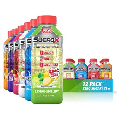SueroX Zero Sugar Electrolyte Drink for Hydration and Recovery, Unique Blend of Electrolytes &amp; 8 Ions, Zero Calorie Sports Drink, 21.3 Fl Oz, Party Pack, 12 Count