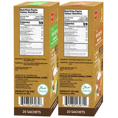 Pocas Honey Ginger Tea Variety Set - Instant Tea Powder Packets, Ginger Honey Crystals Tea, Original &amp; Soursop Flavors, Non-GMO/Gluten Free/Caffeine Free Tea, 20 Count (Pack of 2)