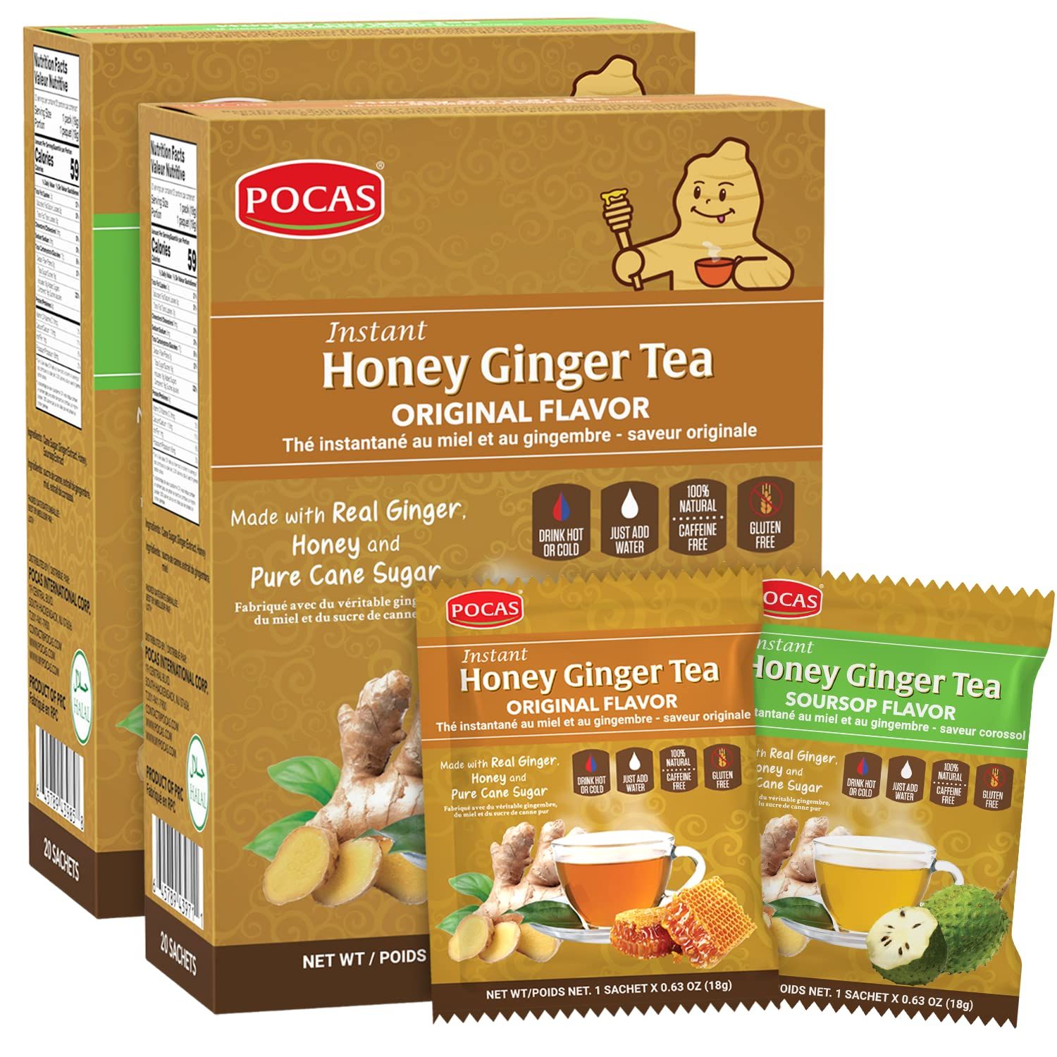 Pocas Honey Ginger Tea Variety Set - Instant Tea Powder Packets, Ginger Honey Crystals Tea, Original &amp; Soursop Flavors, Non-GMO/Gluten Free/Caffeine Free Tea, 20 Count (Pack of 2)