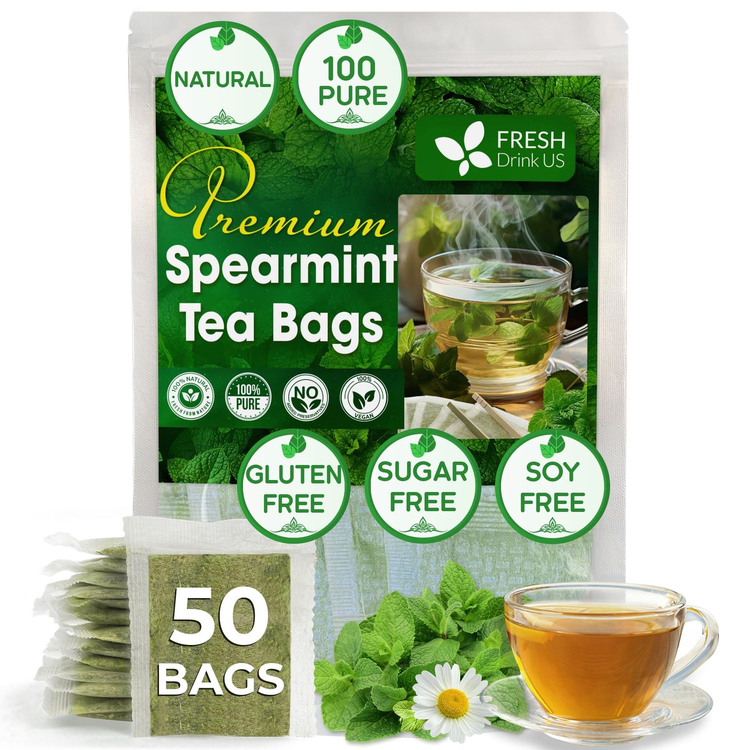 FreshDrinkUS, Premium 50 Spearmint Tea Bags, 100% Natural Spearmint Leaves. Loose Leaf Spearmint Herbal Tea. Spearmint Leaf Tea. No Sugar, No Caffeine, No Gluten, Vegan.