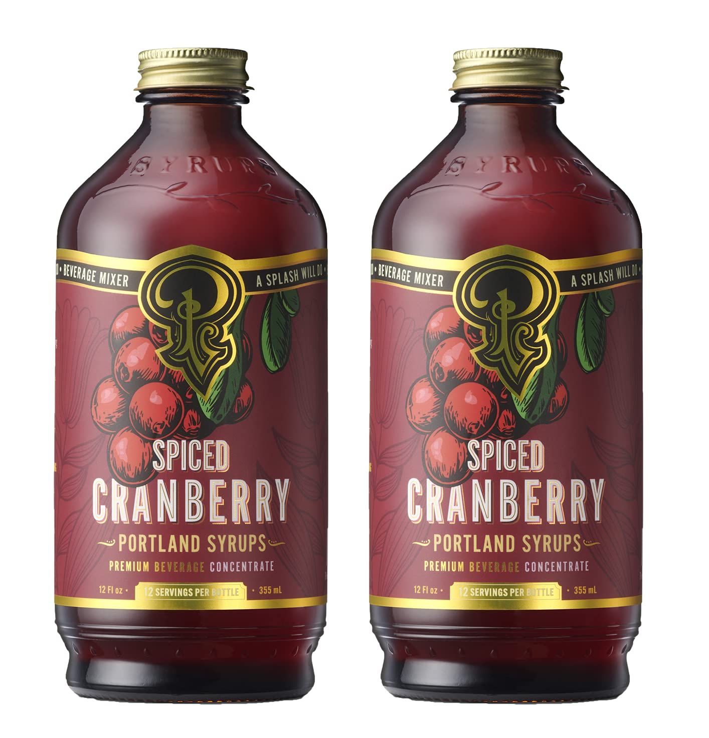 Portland Syrups Spiced Cranberry Syrup - Drink Mixer for Crafting Cocktails, Mocktails, &amp; Seasonal Beverages - Flavor Enhancer for Soda, Punch, and Mulled Drinks - 12 oz Bottle, 24 Servings, Pack of 2