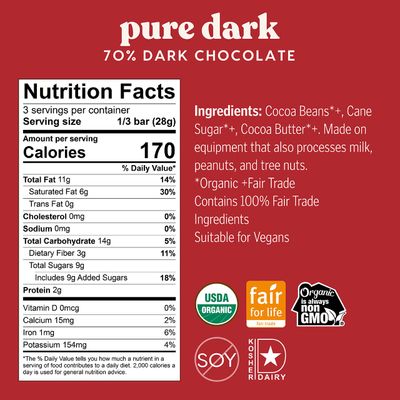 Theo Chocolate Pure Organic Dark Chocolate Bar, 70% Cacao, 12 Pack | Vegan, Fair Trade