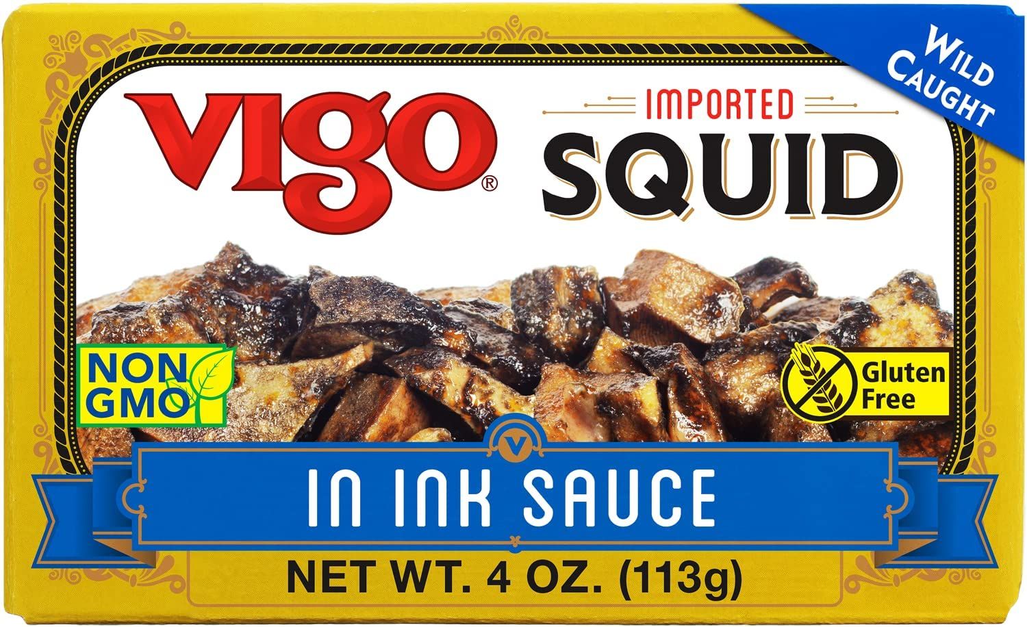 Vigo Premium Imported Canned Seafood, Squid in Ink Sauce, Specialty Flavored, Perfect for Recipes and Dishes (Squid in Ink Sauce, 4 Ounce (Pack of 10))