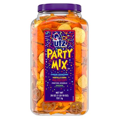 Utz Party Mix - 26 Ounce Barrel - Tasty Snack Mix Includes Corn/Nacho Tortillas, Pretzels, BBQ Corn Chips and Cheese Curls, Easy and Quick Party Snacks, Cholesterol Free and Trans-Fat Free