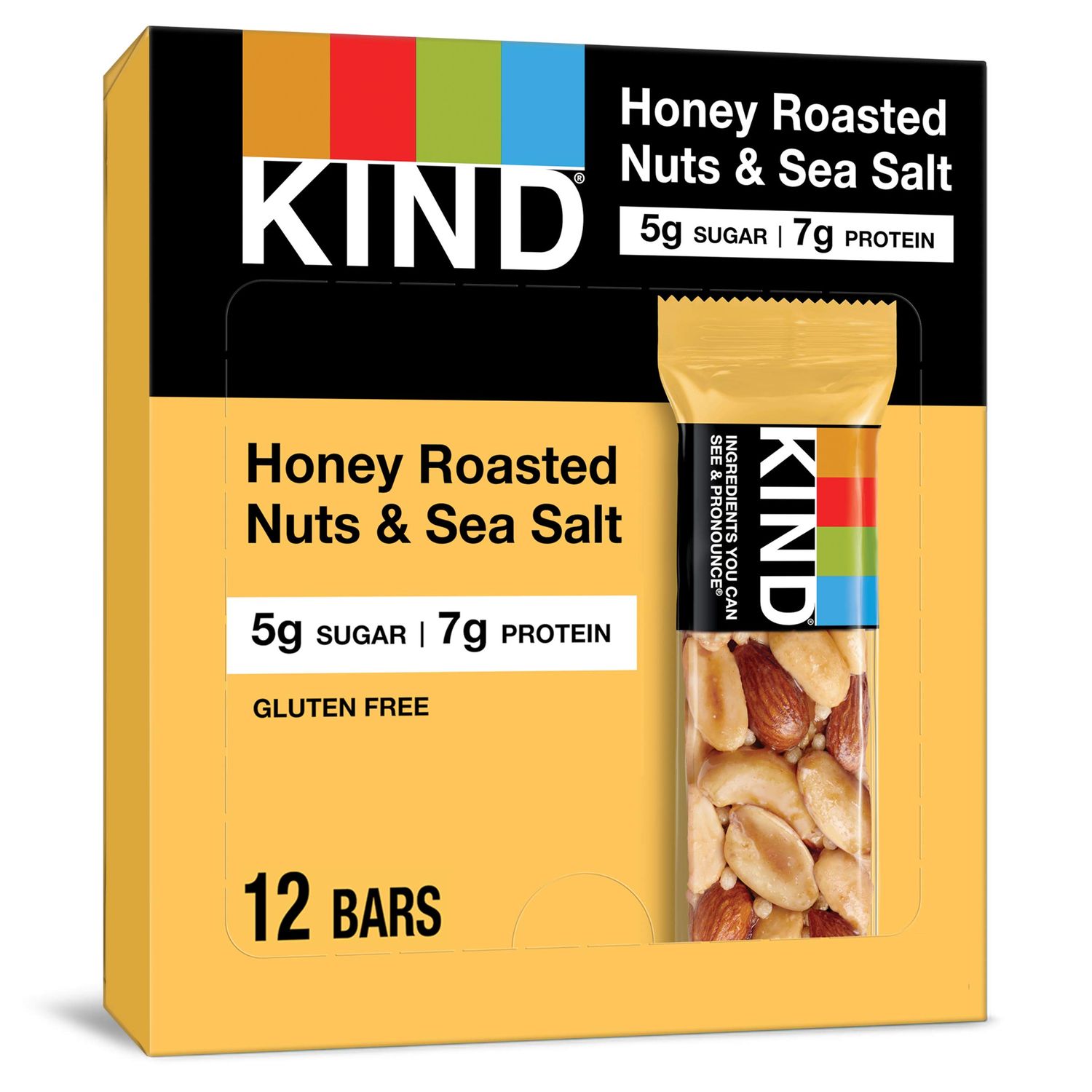 KIND Nut Bars, Honey Roasted Nuts &amp; Sea Salt, Good Source of Fiber, Gluten Free, Low Sugar, 7g Protein, 12 Count