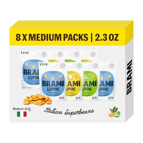 Simply Pickled Lupini Beans Snack by BRAMI | 9g Plant Protein, 0g Net Carbs | Vegan, Vegetarian, Keto, Mediterranean Diet, Non Perishable (2.3 Ounce (Pack of 8), Variety)