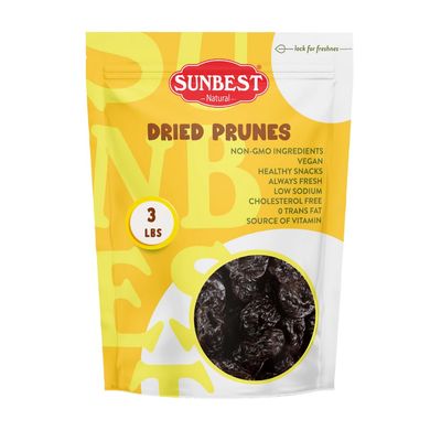 Sunbest Natural Jumbo Pitted Prunes 48Oz (3LB) 1 Pack - Tender, Succulent, Nutrient, Rich Snack - Fiber &amp; Antioxidants Source - Kosher Certified - Ideal for Snacking &amp; Cooking - Long Lasting Freshness