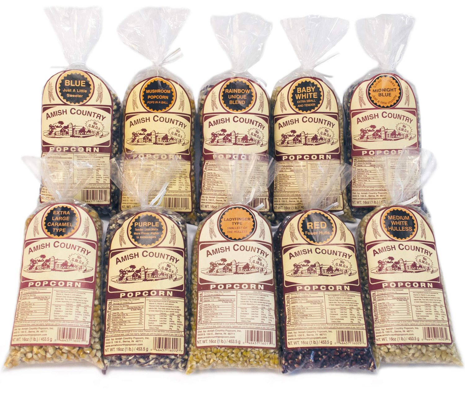 Amish Country Popcorn - 10 (1 Lb Bag) Variety Gift Set Bundle (Red, Blue, Medium White, Midnight Blue, Purple, Ladyfinger, Baby White, Rainbow, Medium Yellow, and Mushroom)