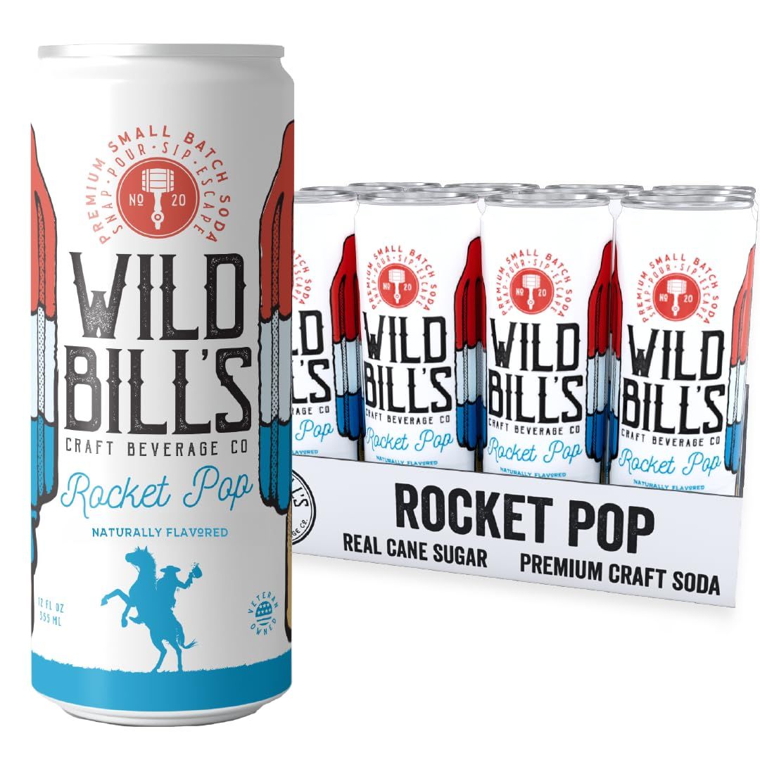 Wild Bill&#39;s Rocket Pop Soda Classic Craft Soda Pop Soft Drinks, Sodas Made with Pure Cane Sugar, Caffeine Free, NO High Fructose Corn Syrup, Gluten Free, Vegan, Low Sodium, 12 Oz 12 Pack
