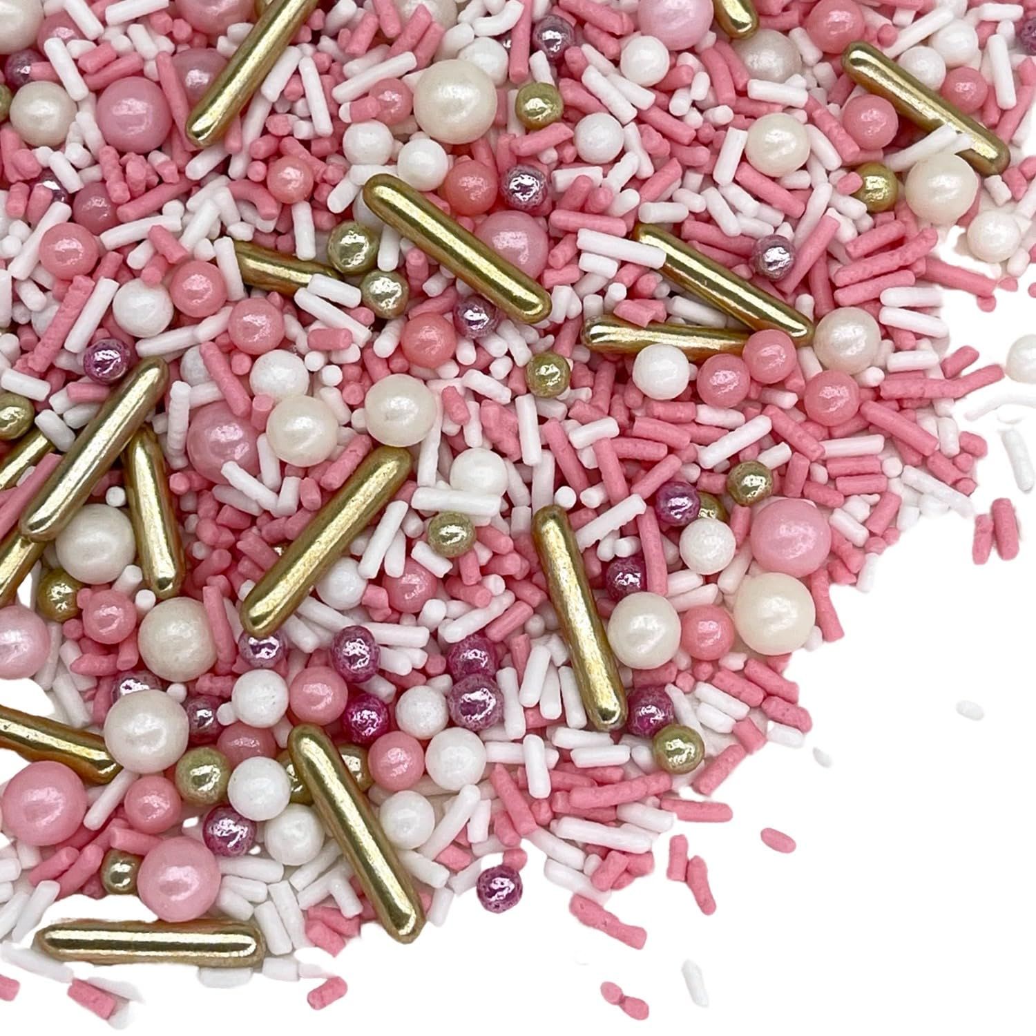 Manvscakes, pink sprinkles, valentines, cake sprinkles, gold sprinkles, cookies, chocolate, fondant, princess topping, ice cream, edible, dessert decoration (Rose)
