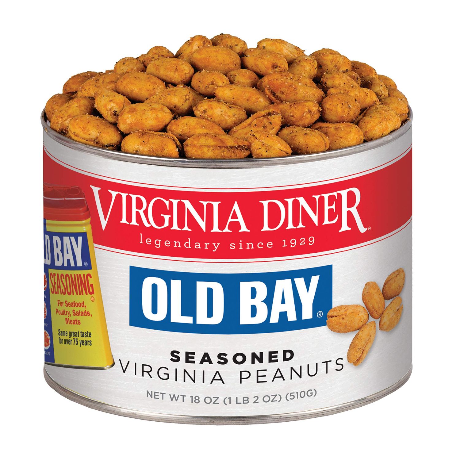 Virginia Diner Gourmet Old Bay Seasoned Virginia Peanuts Seasoned Roasted Peanuts (18 Ounce Tin 1.12 Pound) Spicy Peanuts Non-GMO Oil Roasted Peanuts