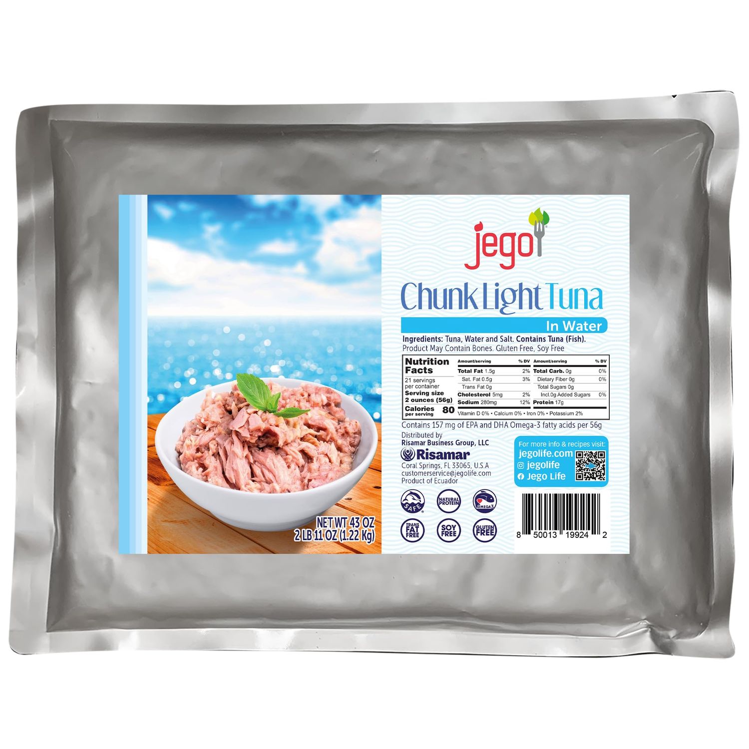 Jego Chunk Light Tuna in Water | Wild Natural Catch Tuna | Keto | Low Carb | Gluten Free | Soy Free | Ready to eat | 43 oz Pouch