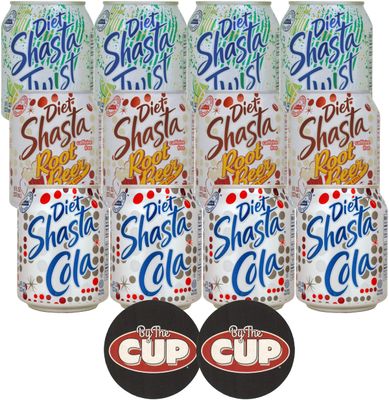 Shasta 3 Flavor Diet Soda Variety, 8 fl oz (Pack of 12) with By The Cup Coasters