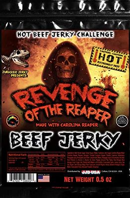 Revenge of Reaper Jurassic Jerky - HOTTEST Beef Jerky Hot Food Challenge! Made with the Carolina Reaper- the HOTTEST pepper on the planet! Can YOU handle the Reaperss Revenge? (1) 1/2 oz bag