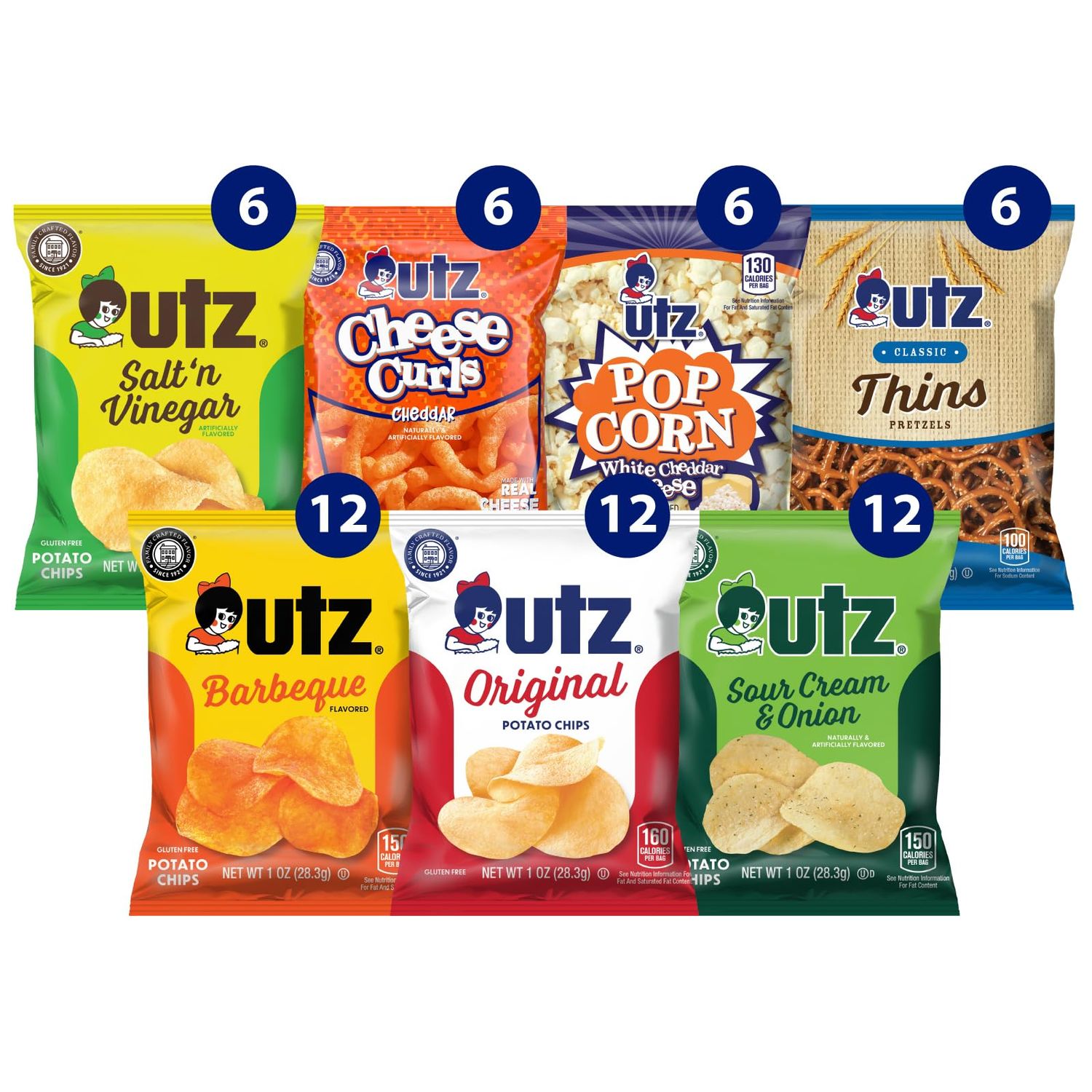 Utz Variety Pack of 60 Individual Potato Chip, Cheese Curl, Popcorn &amp; Pretzel Snacks for On-the-Go