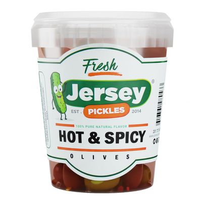 Jersey Pickles Spicy Hot Mix Olives with Jalapenos - Italian Castelvetrano Green Olives | 32 OZ Jar | Perfect for Gourmet Dishes &amp; Appetizers | Premium Queen Olives | Olives Green