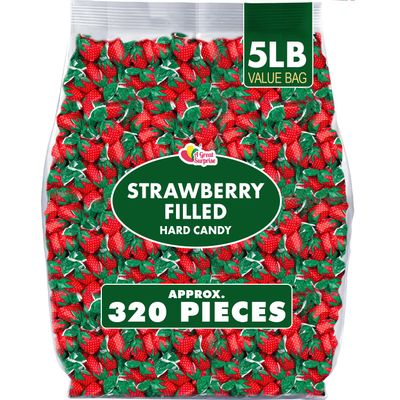 Strawberry Hard Candy - 5 Pounds - Strawberry Bon Bons - Strawberry Filled Hard Candies - Red and Green Candy - Classic Hard Candy
