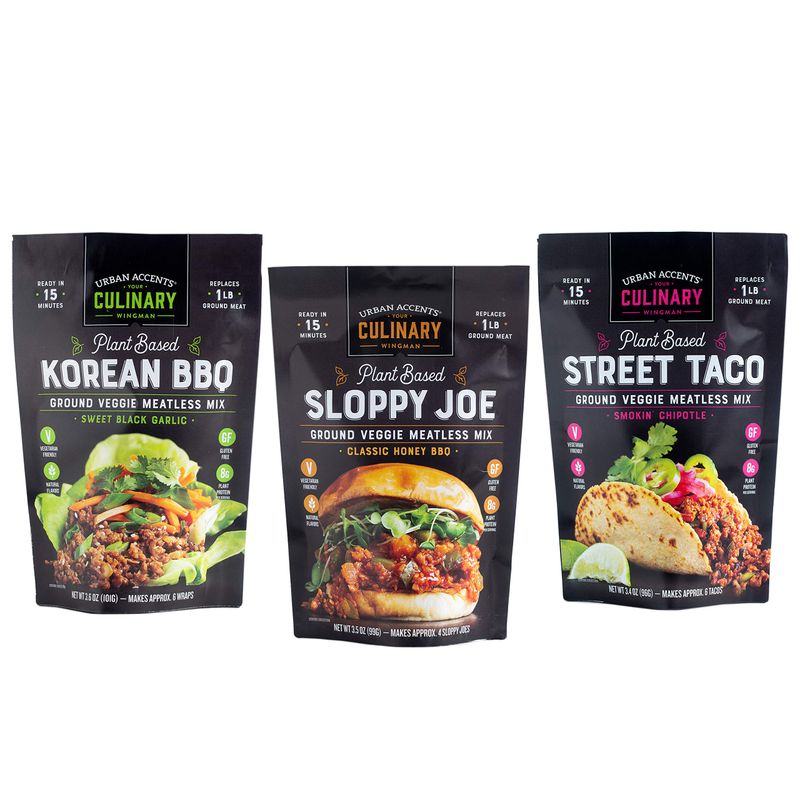 Urban Accents Plant Based Meatless Mixes - Gluten Free Plant Based Protein &amp; Seasoning Blends - Vegetarian Korean BBQ Mix, Sloppy Joe Mix &amp; Taco Mix
