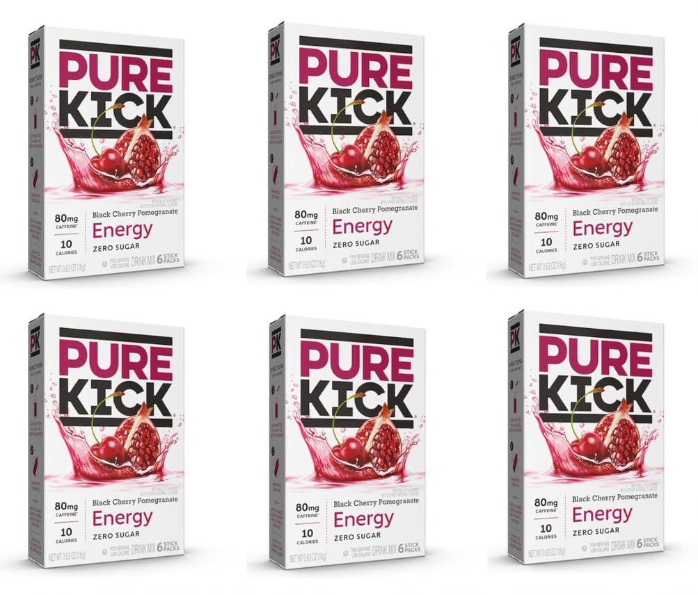 Pure Kick Energy Singles To Go Drink Mix, Black Cherry Pomegranate, 6 Boxes, 6 Packets Per Box (36 Single Servings)