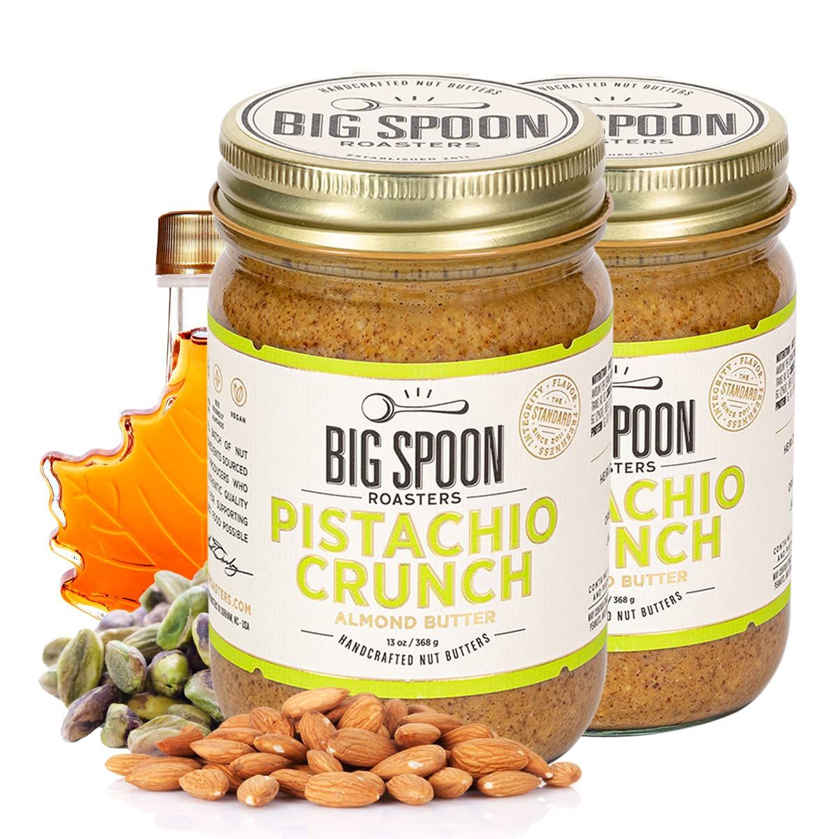 Big Spoon Roasters Almond &amp; Pistachio Butter w/Raw Honey &amp; Sea Salt - Keto Friendly, Low Sugar Almond Butter - Crunchy Pistachio Butter w/Bee-Friendly Almonds - Gourmet, Vegan Nut Butter - 26 Ounces