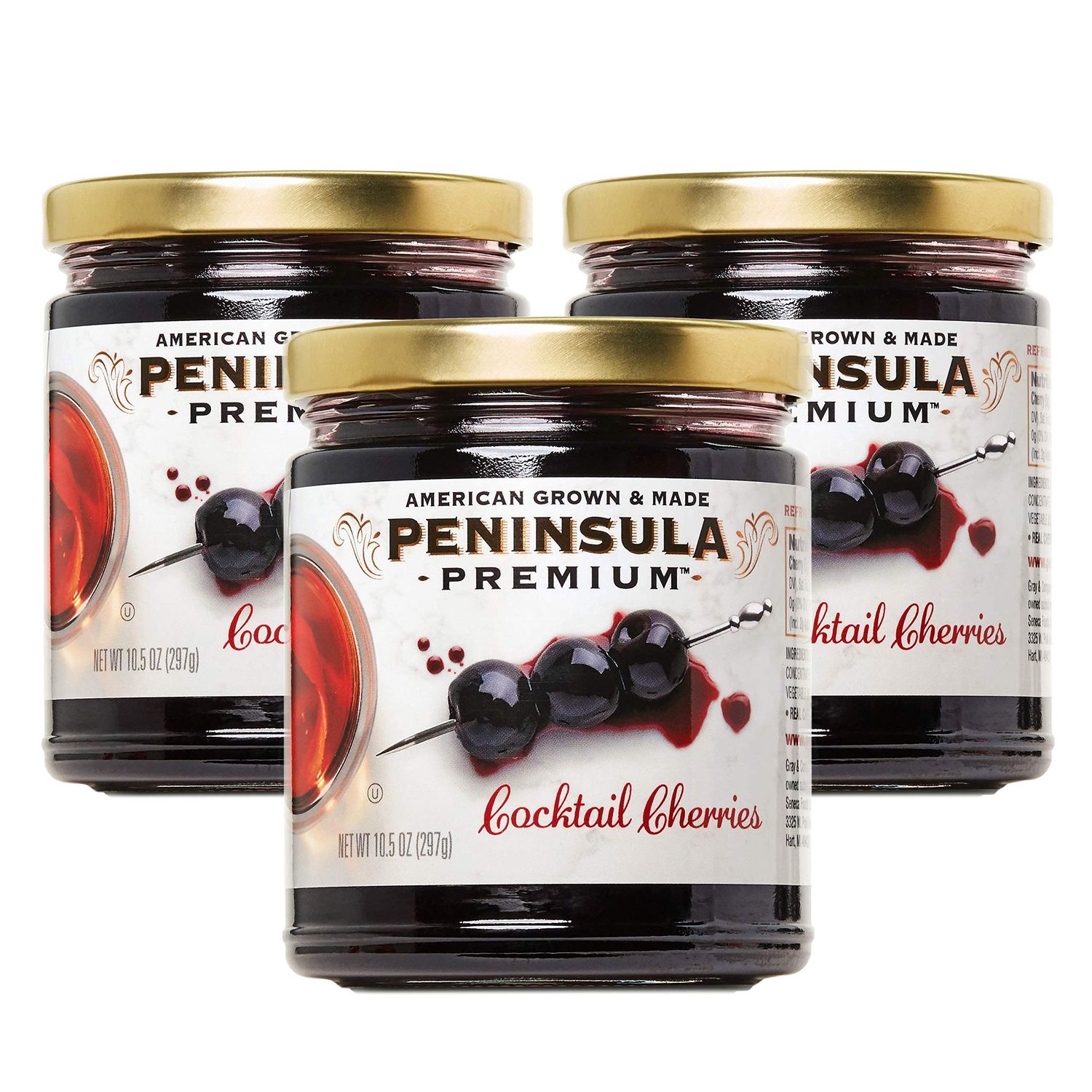 Peninsula Premium Cocktail Cherries | Award Winning | Deep Burgundy-Red | Silky Smooth, Rich Syrup | Luxe Fruit Forward, Sweet-Tart Flavor | American Grown &amp; Made, 10.5 oz (3-Pack)