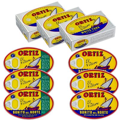 Ortiz Bonito Del Norte Tuna In Olive Oil 9 Can Variety Pack By Seafood Aficionado (3.95 oz oval cans)