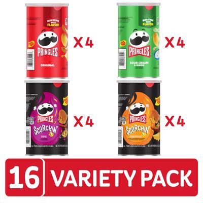 Pringles Potato Crisps Chips, Lunch Snacks, Office and Kids Snacks, Grab N' Go, Variety Pack (16 Cans)