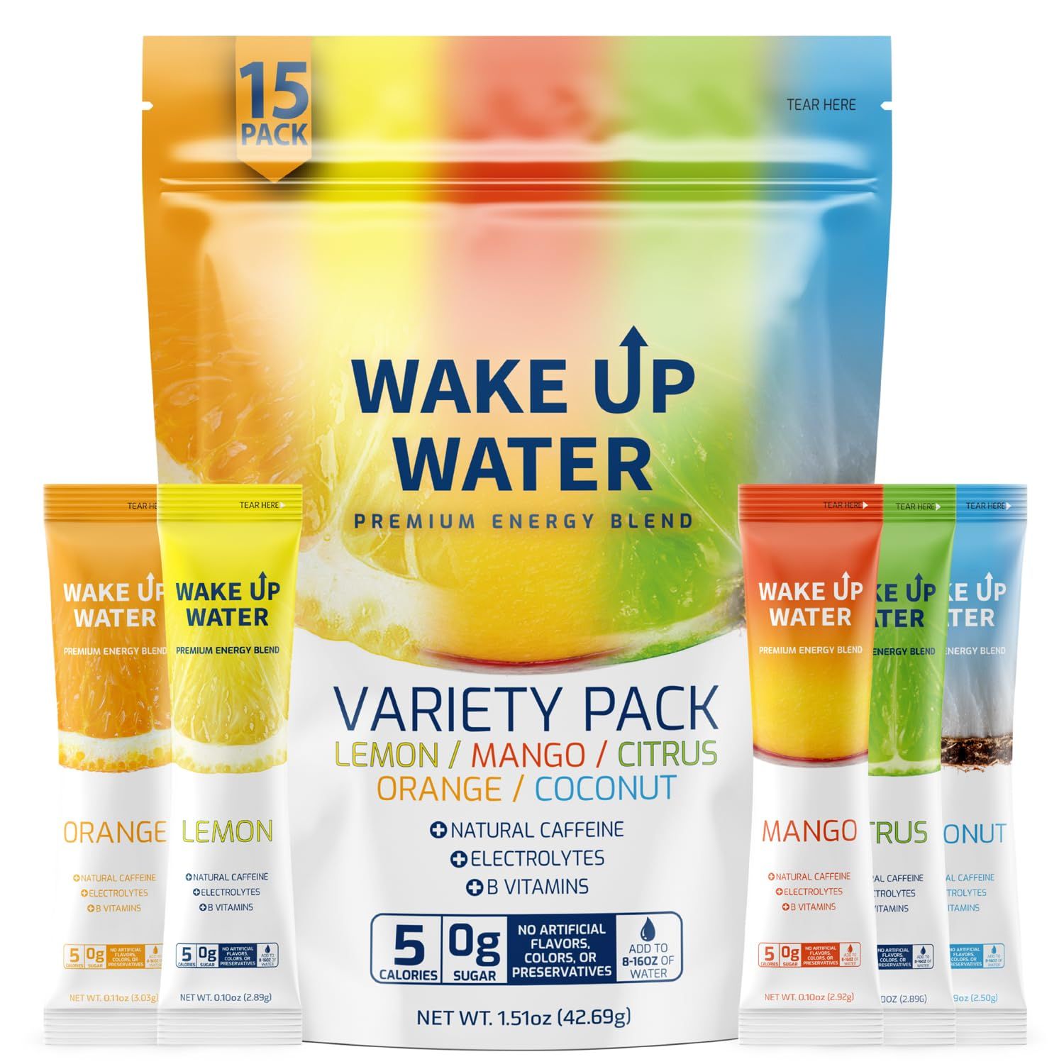 Wake Up Water - Energy + Hydration Sugar Free 15 Packet, Variety Pack - Energy Drink Powder, Electrolytes Powder Drink, Natural Caffeine Mix Packet, B Vitamins, 5 Calories, Gluten Free - .10 oz (2.9g)