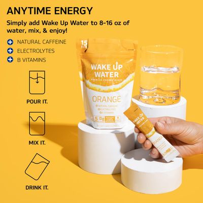 Wake Up Water - Energy + Hydration Sugar Free 15 Packet, Variety Pack - Energy Drink Powder, Electrolytes Powder Drink, Natural Caffeine Mix Packet, B Vitamins, 5 Calories, Gluten Free - .10 oz (2.9g)