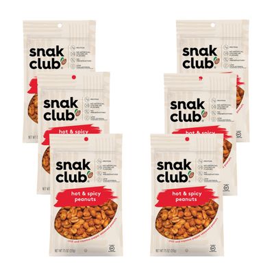 Snak Club Hot and Spicy Peanuts, Chili and Cayenne Pepper Seasoned Nuts, Gluten-Free and Kosher Snack, 7.5 oz Resealable Bags, 6 Pack