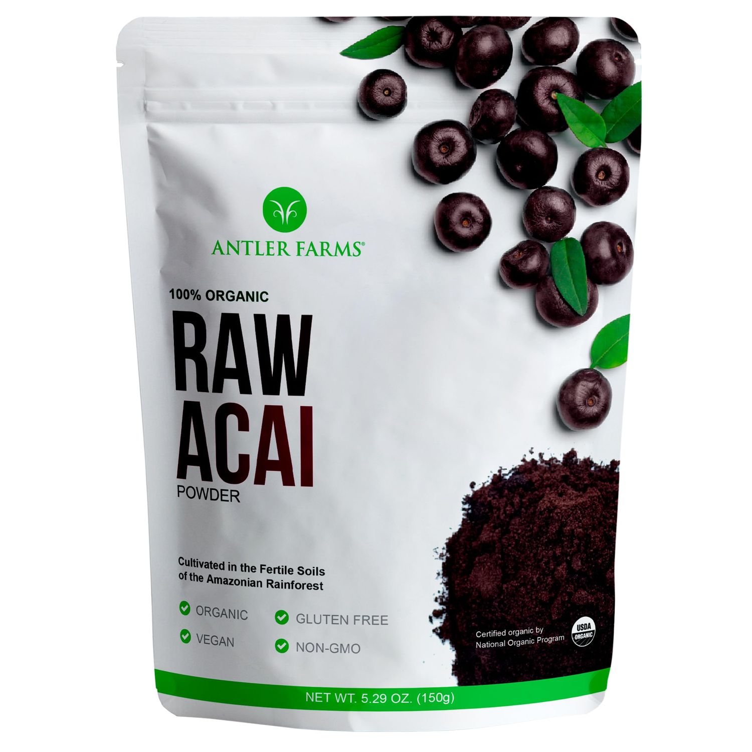 Antler Farms - 100% Pure Organic Raw Acai Powder, 30 Servings, 150g - Vegan, Gluten Free, Freeze Dried, Hand Picked from Wild Acai Palm Trees in The Rainforest of Brazil, Certified USDA Organic