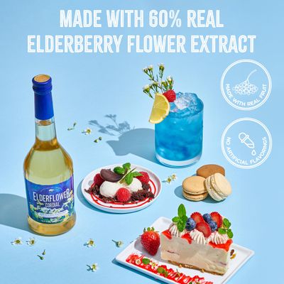 Gourmanity Elderflower Syrup, 60% Real Fruit, 3 Ingredient Elderflower Cordial, Floral &amp; Fresh Elderberry Flower Syrup (500ml/16.9 fl oz Glass Bottle)